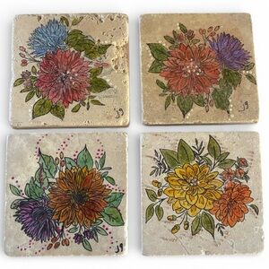 Floral Stone Coasters Set/4 Red and Blue and Orange And Purple Flowers W/ Basket